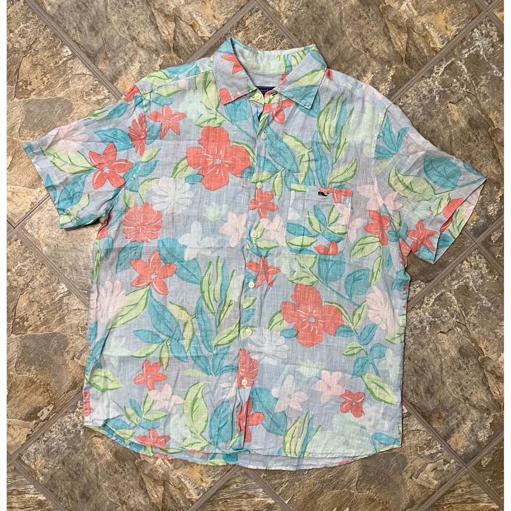 Vineyard Vines Shirt Mens Large Blue Floral Linen Short Sleeve Tropical Shirt